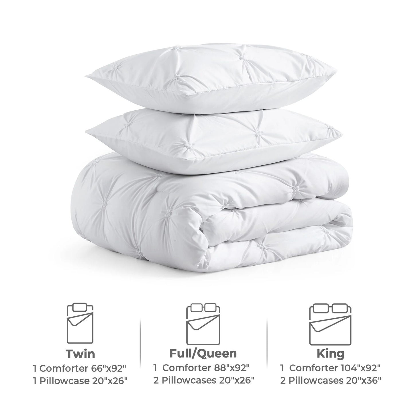 3 Piece Pintuck Pinch Pleat Comforter Set, Bedding Set for All Season, White