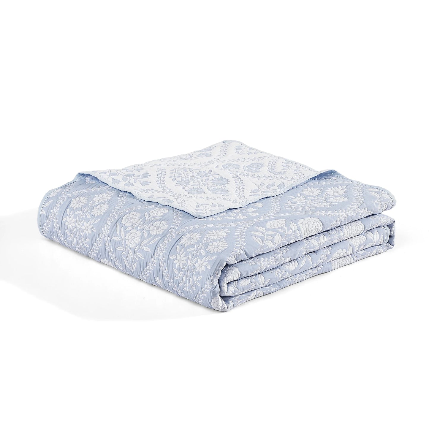 Laurel Cornflower Blue All-Season Soft Woven Matelasse Jacquard Reversible Cotton Blend Quilt Set