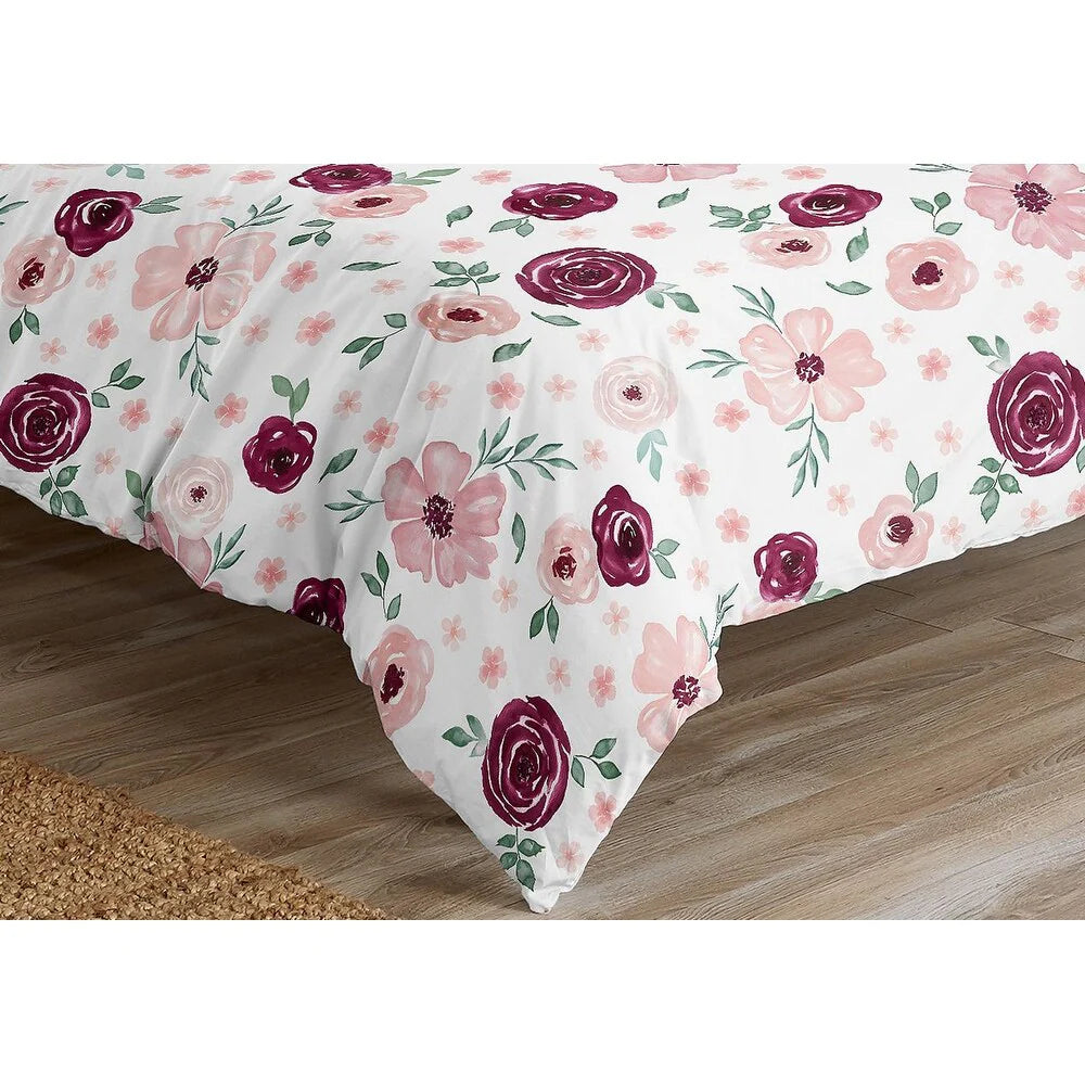 Burgundy Pink Watercolor Floral Girl 3pc Full Queen Comforter Set - Blush Maroon Wine Rose Green Shabby Chic Flower Farmhouse
