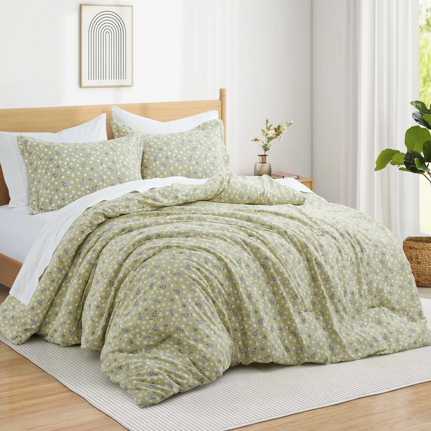 Floral Printed Comforter Set with Pillowcases, Bedding Set for All Season