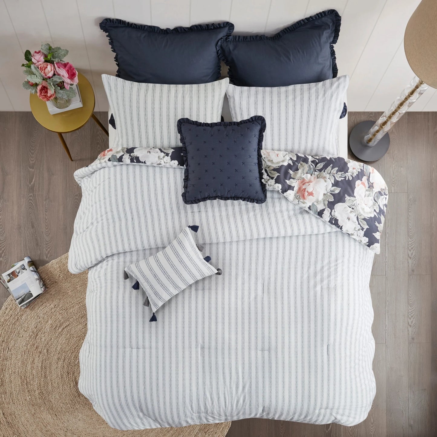Madison Park Kalina Dark Blue 8 Piece Cotton Printed Reversible Comforter Set