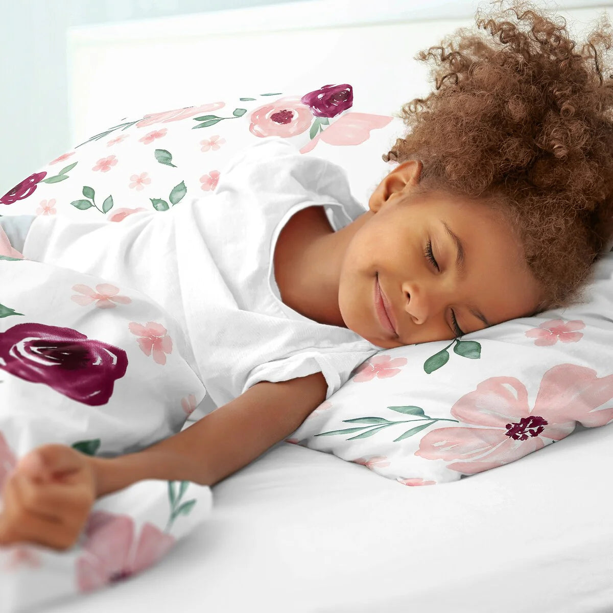 Burgundy Pink Watercolor Floral Girl 3pc Full Queen Comforter Set - Blush Maroon Wine Rose Green Shabby Chic Flower Farmhouse