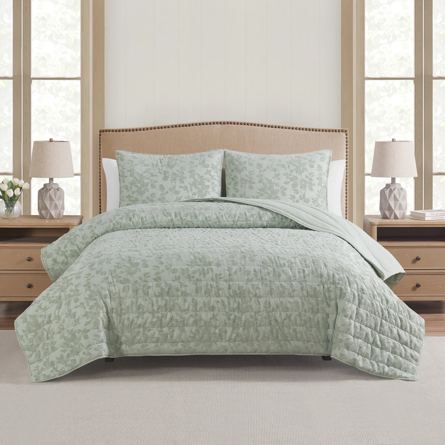 Botanical Leaves Sage All-Season Soft Luxury Chenille Jacquard Quilt Set