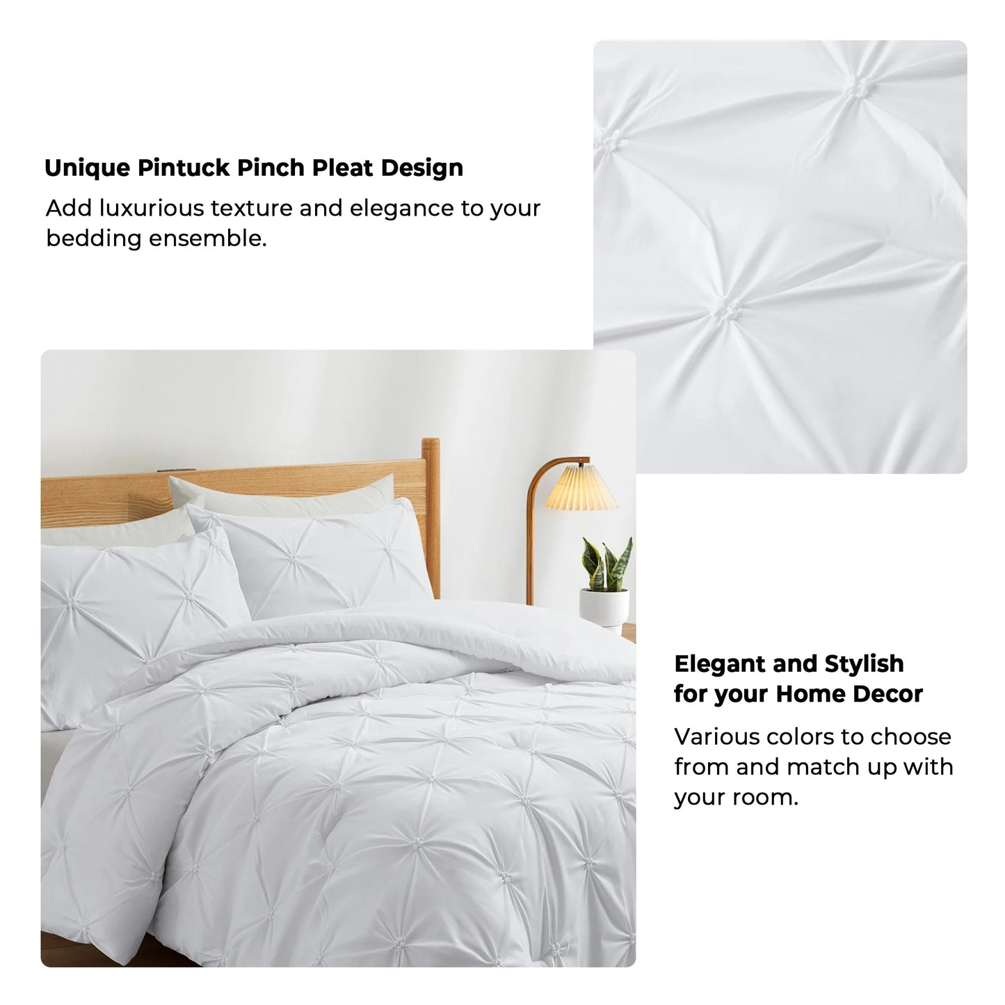 3 Piece Pintuck Pinch Pleat Comforter Set, Bedding Set for All Season, White