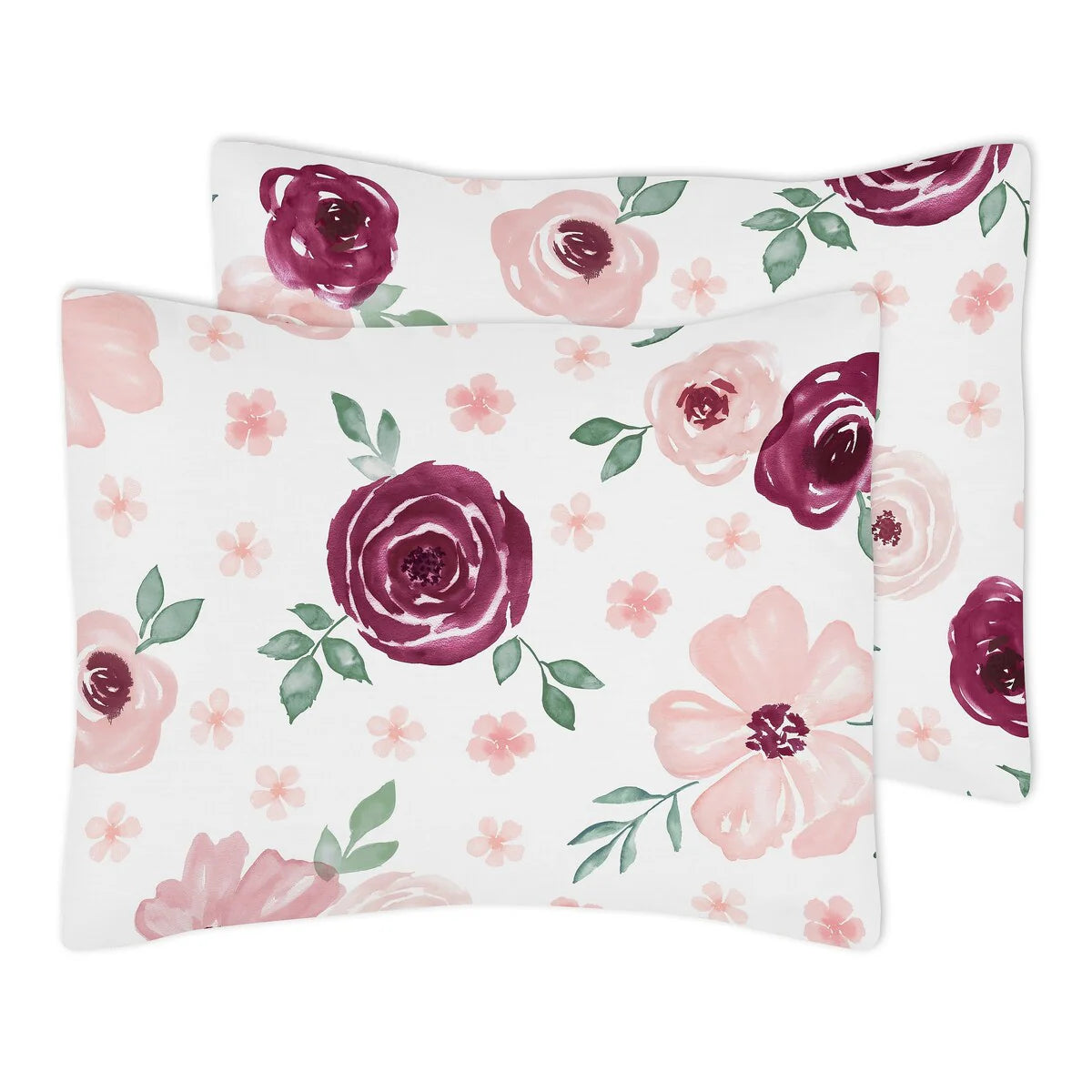 Burgundy Pink Watercolor Floral Girl 3pc Full Queen Comforter Set - Blush Maroon Wine Rose Green Shabby Chic Flower Farmhouse
