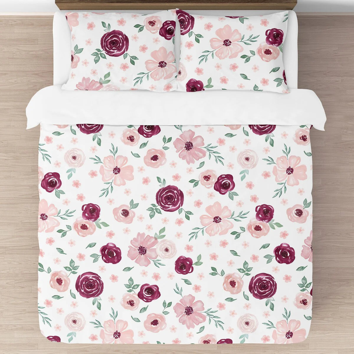 Burgundy Pink Watercolor Floral Girl 3pc Full Queen Comforter Set - Blush Maroon Wine Rose Green Shabby Chic Flower Farmhouse