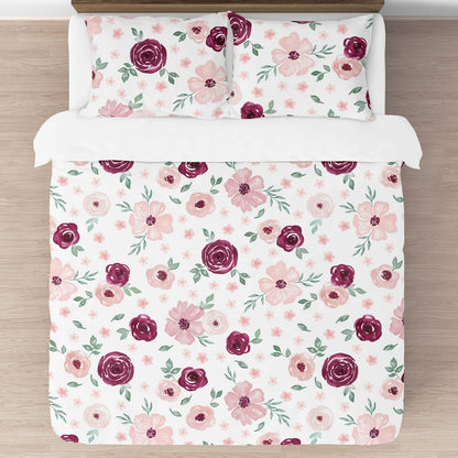 Burgundy Pink Watercolor Floral Girl 3pc Full Queen Comforter Set - Blush Maroon Wine Rose Green Shabby Chic Flower Farmhouse