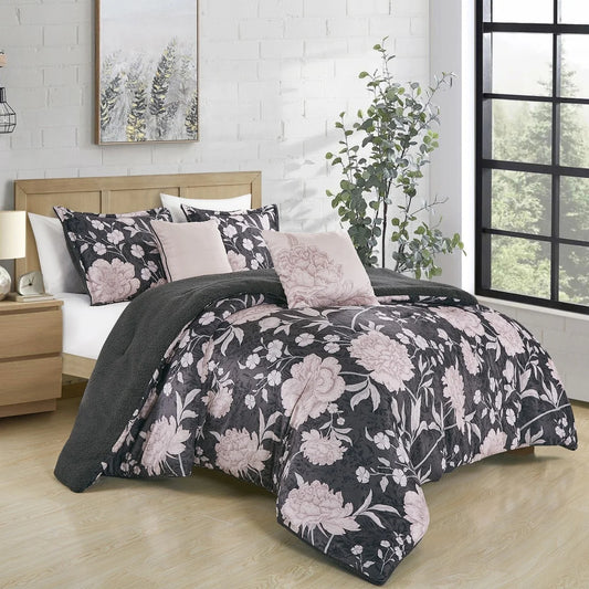 5 Piece Black Pink Floral Soft Bedding Comforter Set