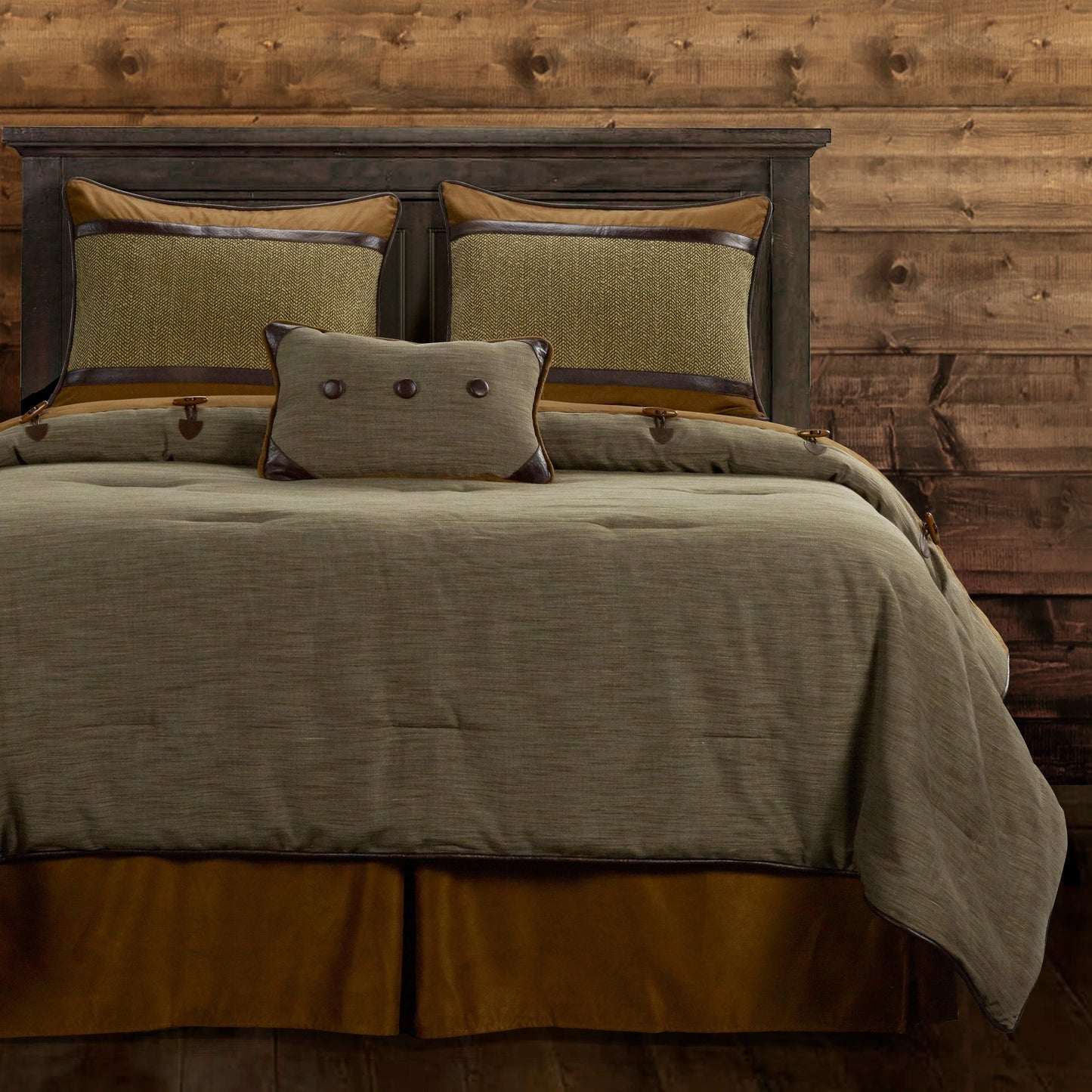 Paseo Road Highland Lodge Olive Brown Rustic Bedding 5 Piece Comforter Set with Bed Skirt, Shams, & Accent Pillow