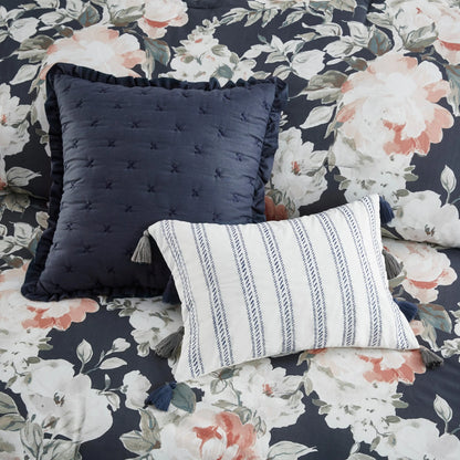 Madison Park Kalina Dark Blue 8 Piece Cotton Printed Reversible Comforter Set