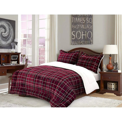 Elegant Comfort 3-Piece Plaid Pattern Sherpa-Backing Reversible Comforter Set