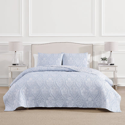 Laurel Cornflower Blue All-Season Soft Woven Matelasse Jacquard Reversible Cotton Blend Quilt Set