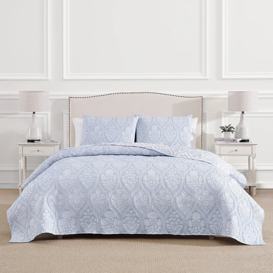 Laurel Cornflower Blue All-Season Soft Woven Matelasse Jacquard Reversible Cotton Blend Quilt Set