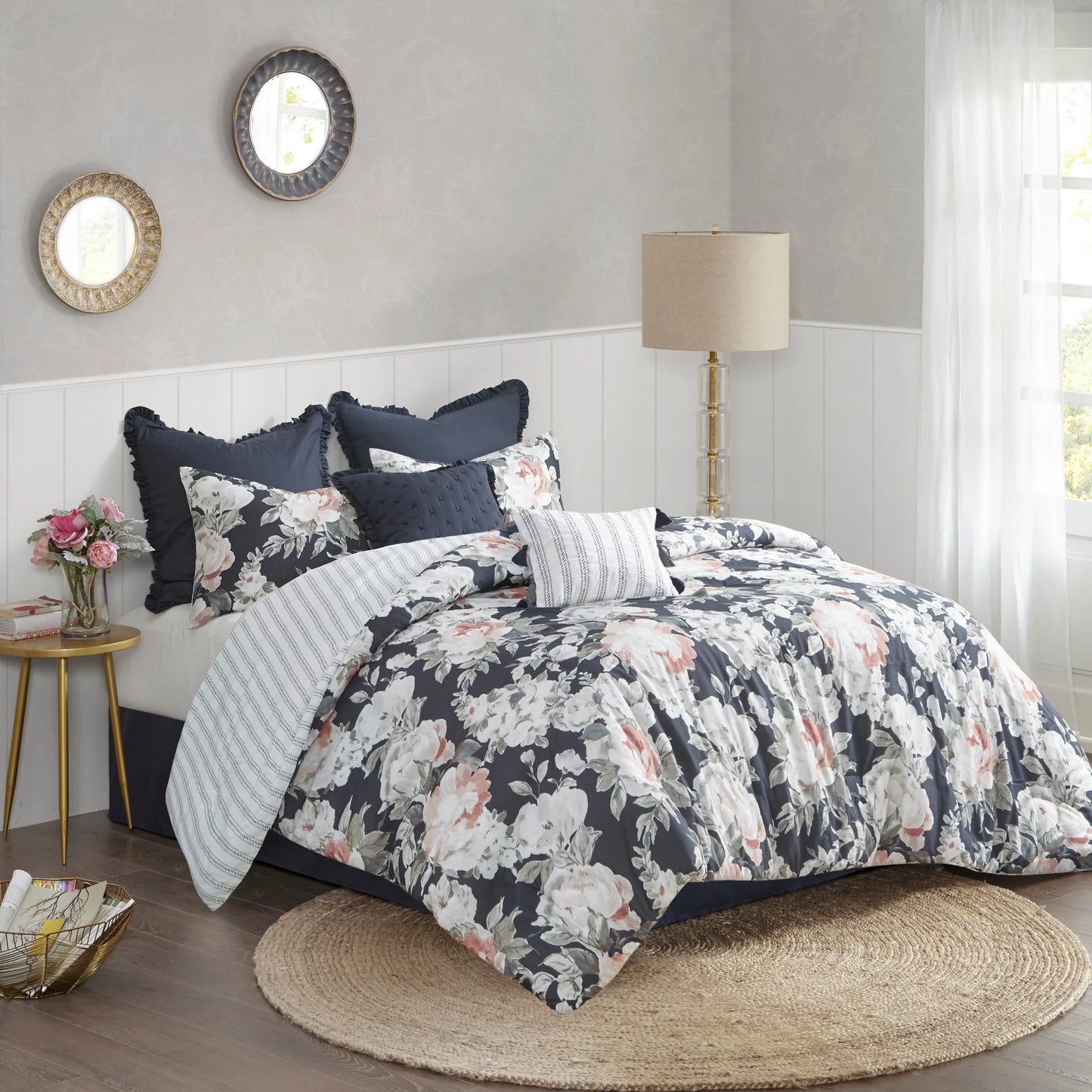 Madison Park Kalina Dark Blue 8 Piece Cotton Printed Reversible Comforter Set