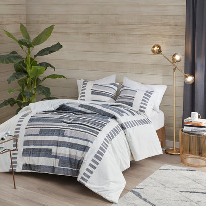 INK+IVY Serena 3 Piece Cotton Printed Comforter Set w/trims Navy
