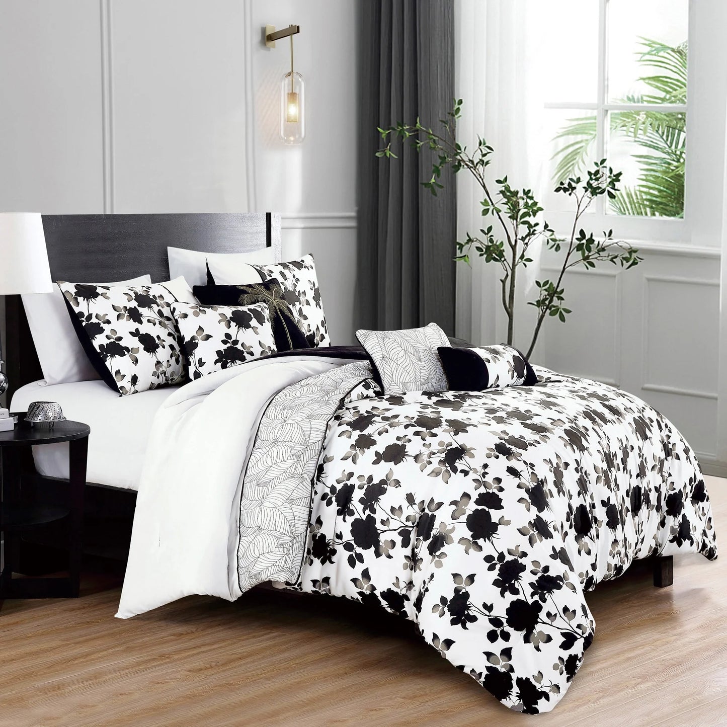 Shatex Kona 7 Pieces Ink Wash Flowers Bedding Comforter Set All-season Reversible Bed in a Bag