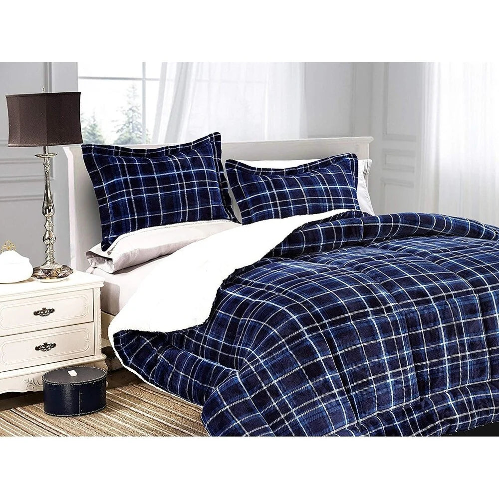 Elegant Comfort 3-Piece Plaid Pattern Sherpa-Backing Reversible Comforter Set
