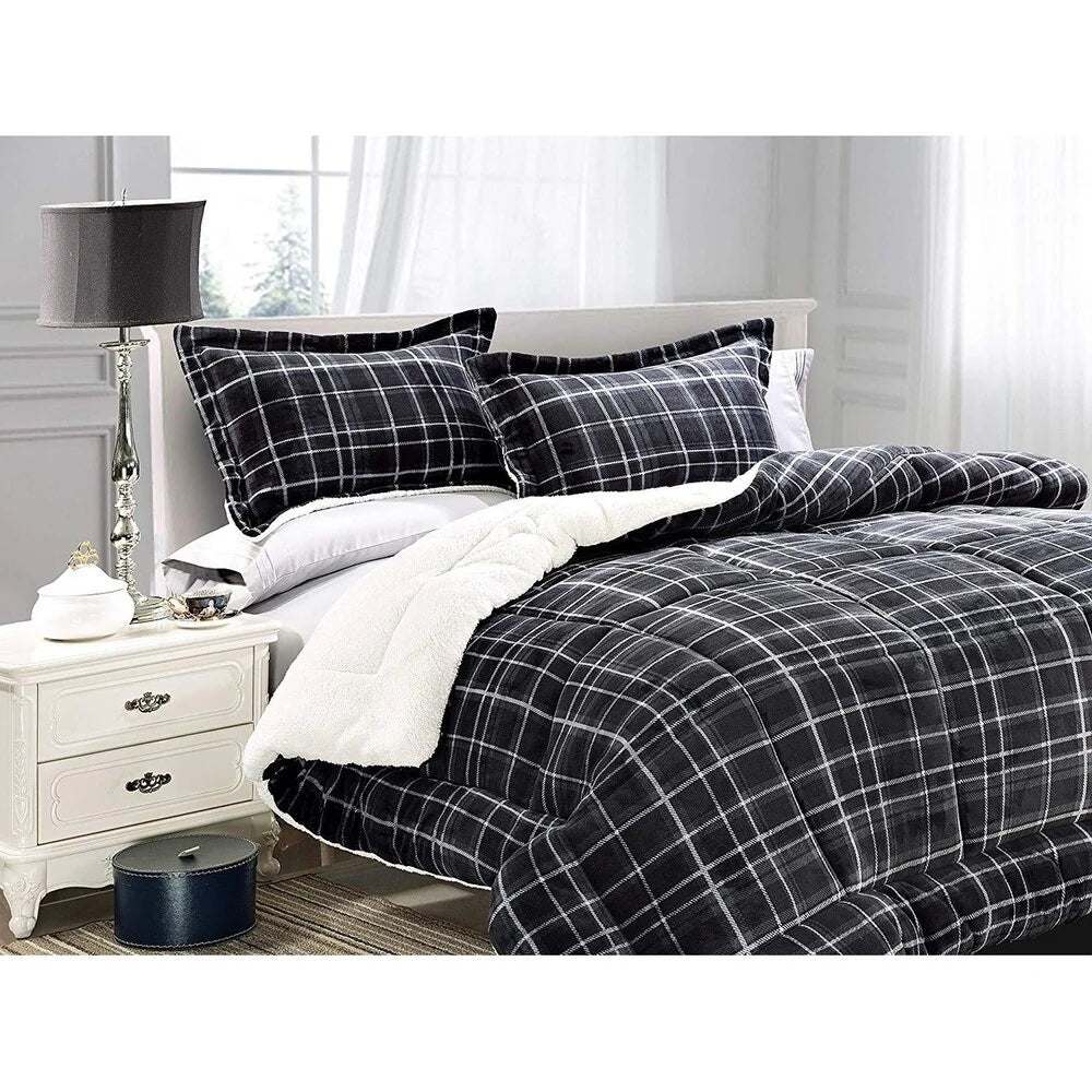 Elegant Comfort 3-Piece Plaid Pattern Sherpa-Backing Reversible Comforter Set