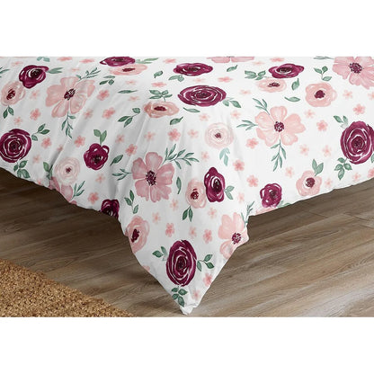 Burgundy Pink Watercolor Floral Girl 3pc Full Queen Comforter Set - Blush Maroon Wine Rose Green Shabby Chic Flower Farmhouse