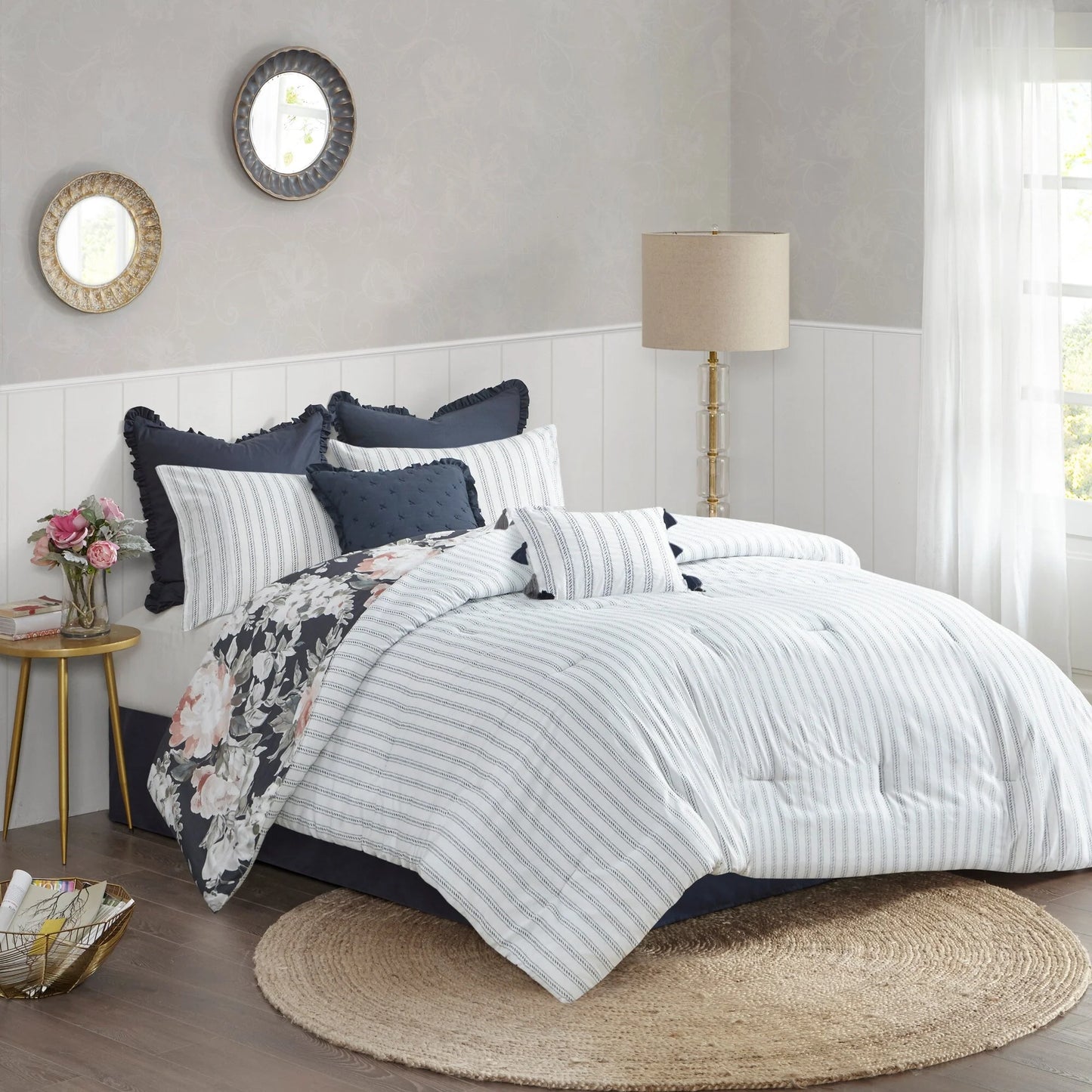 Madison Park Kalina Dark Blue 8 Piece Cotton Printed Reversible Comforter Set