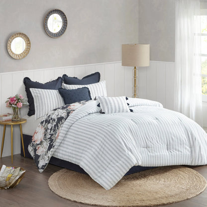 Madison Park Kalina Dark Blue 8 Piece Cotton Printed Reversible Comforter Set