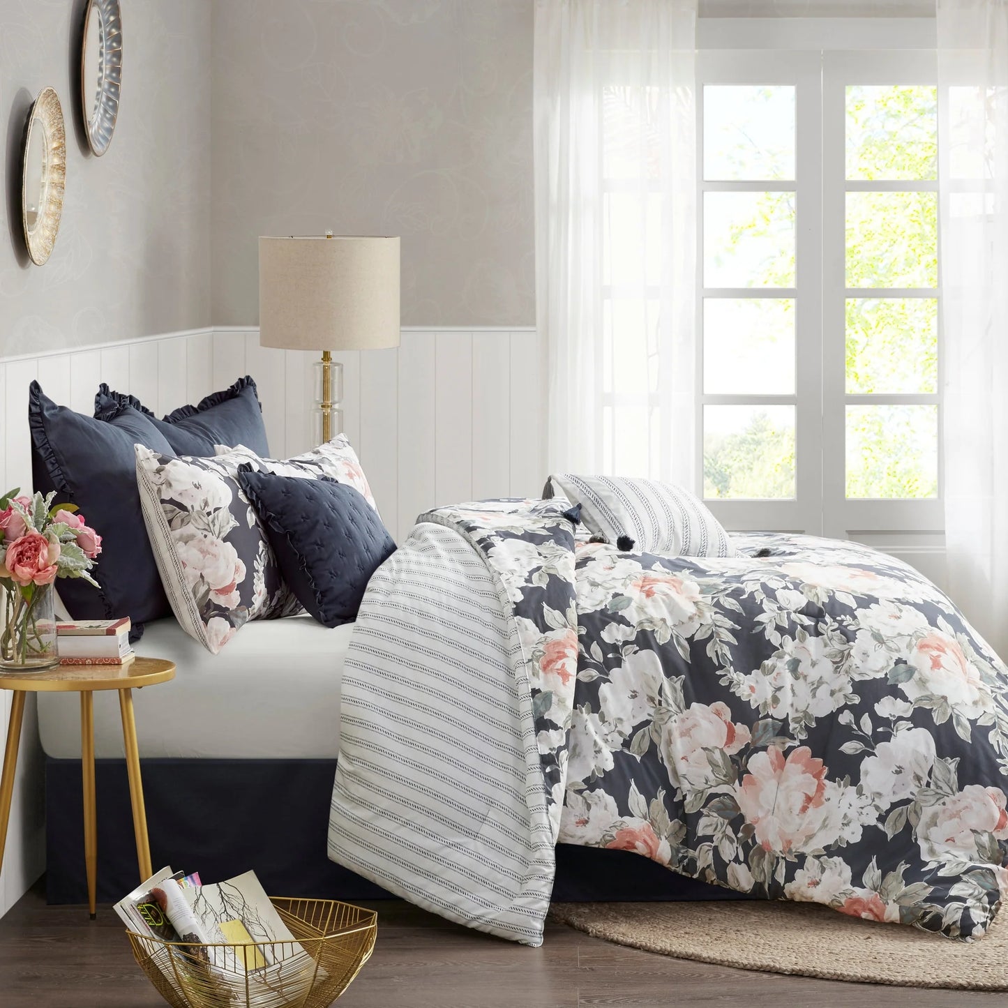 Madison Park Kalina Dark Blue 8 Piece Cotton Printed Reversible Comforter Set