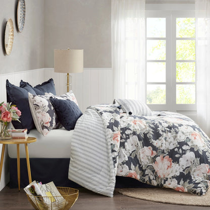 Madison Park Kalina Dark Blue 8 Piece Cotton Printed Reversible Comforter Set