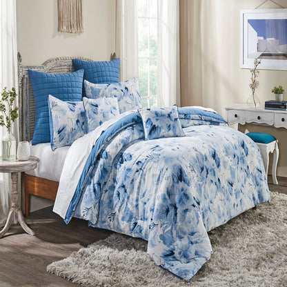 Better Trends Rosalia Collection 7-Piece Microfiber Floral Comforter Set in Blue - Soft, Durable & Machine Washable