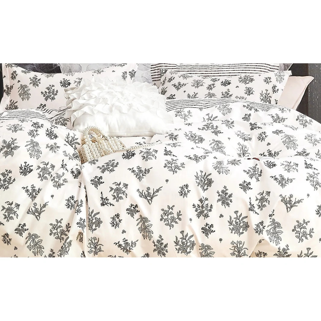 Parsley Black/White Floral 100% Cotton Reversible Comforter Set