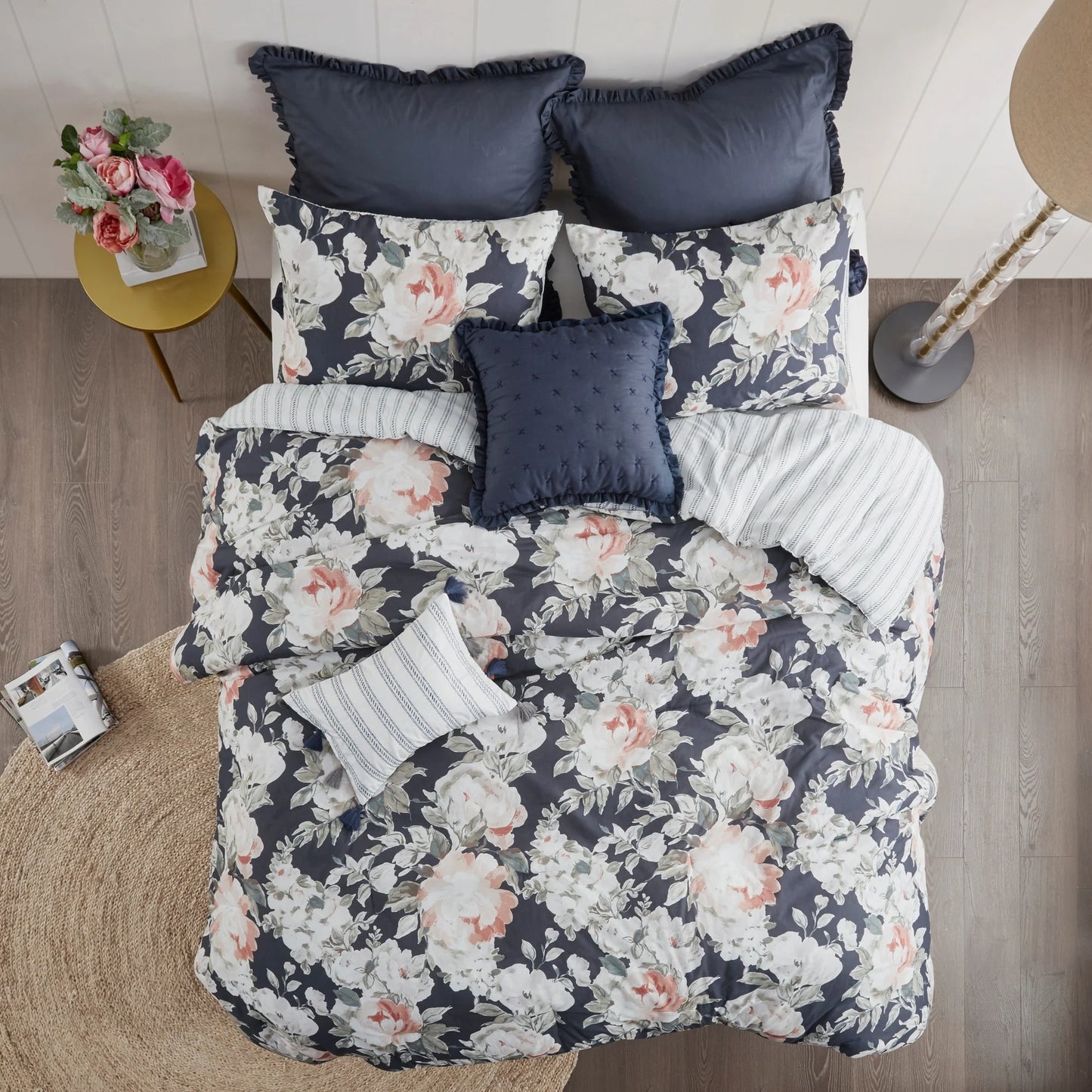 Madison Park Kalina Dark Blue 8 Piece Cotton Printed Reversible Comforter Set