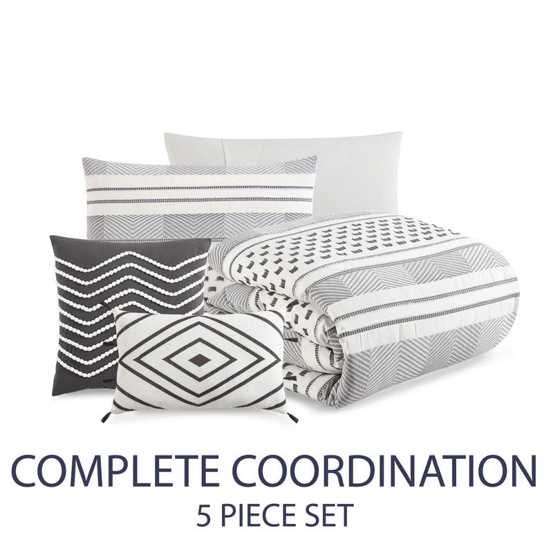 Atayal 100% Cotton Geometric Clipped Jacquard 5-Piece Bedding Comforter Set