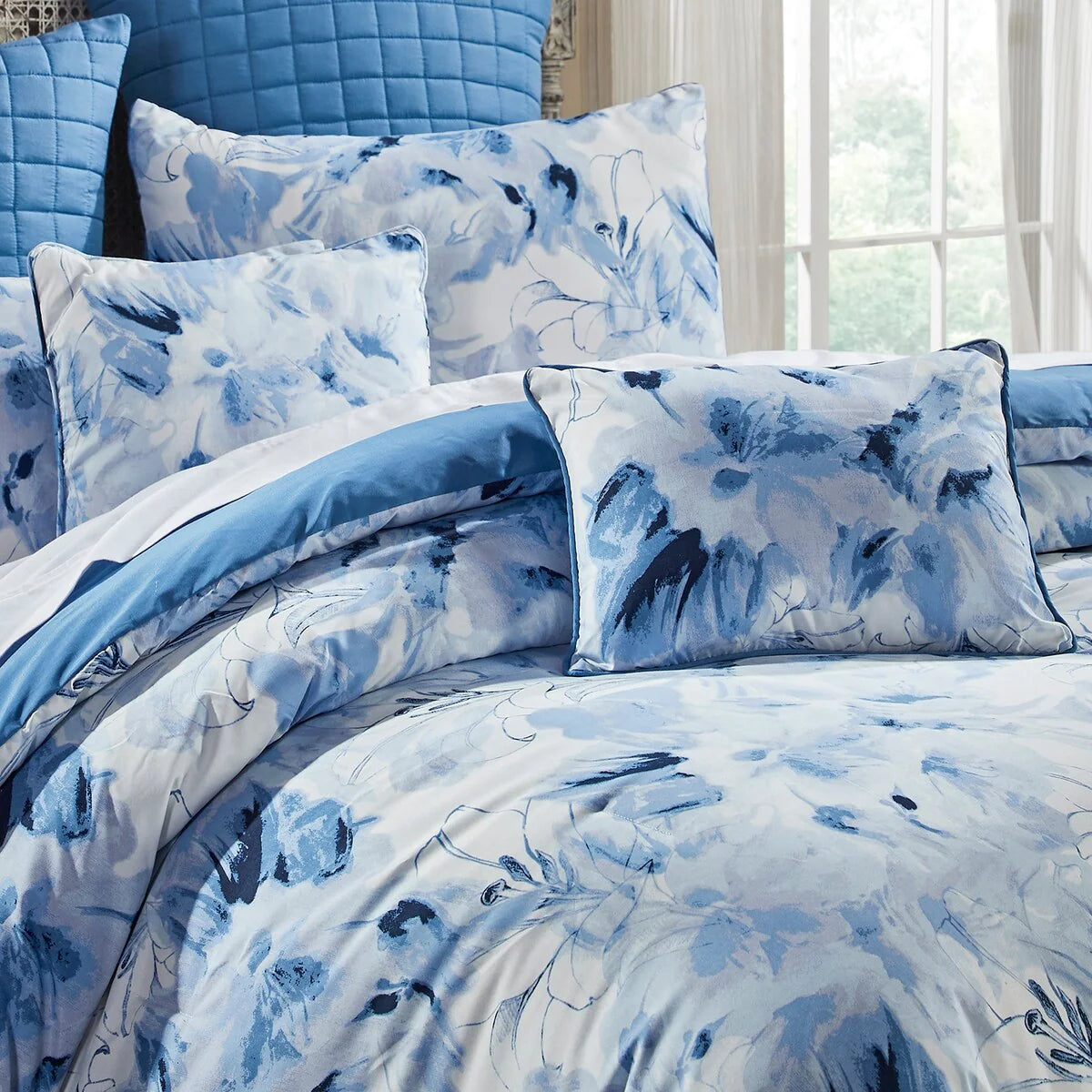 Better Trends Rosalia Collection 7-Piece Microfiber Floral Comforter Set in Blue - Soft, Durable & Machine Washable