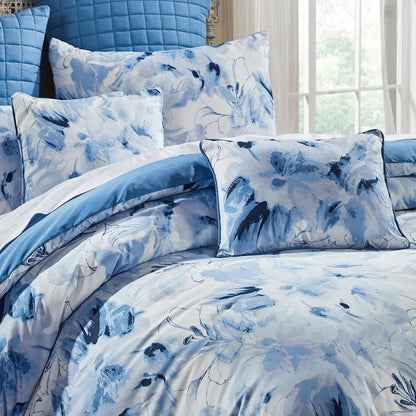 Better Trends Rosalia Collection 7-Piece Microfiber Floral Comforter Set in Blue - Soft, Durable & Machine Washable