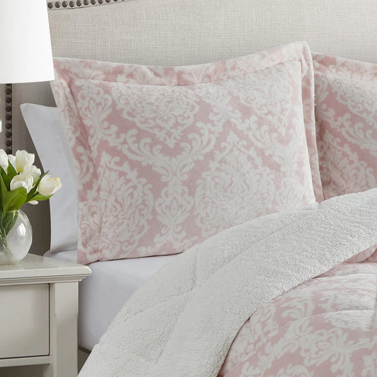 CEDAR COURT Hyde Damask Blush Pink 3-Piece Ultra Plush/Sherpa Comforter Set