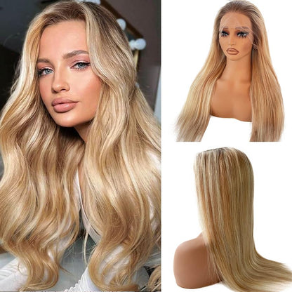 20 Inch Balayage Human Hair Wigs Ombre Ash Blonde 13x4 HD Transparent Chestnut Brown to Ash Blonde Highlight Lace Front Remy Hair with Brown Roots for Women Pre Plucked with Baby Hair 150% Density