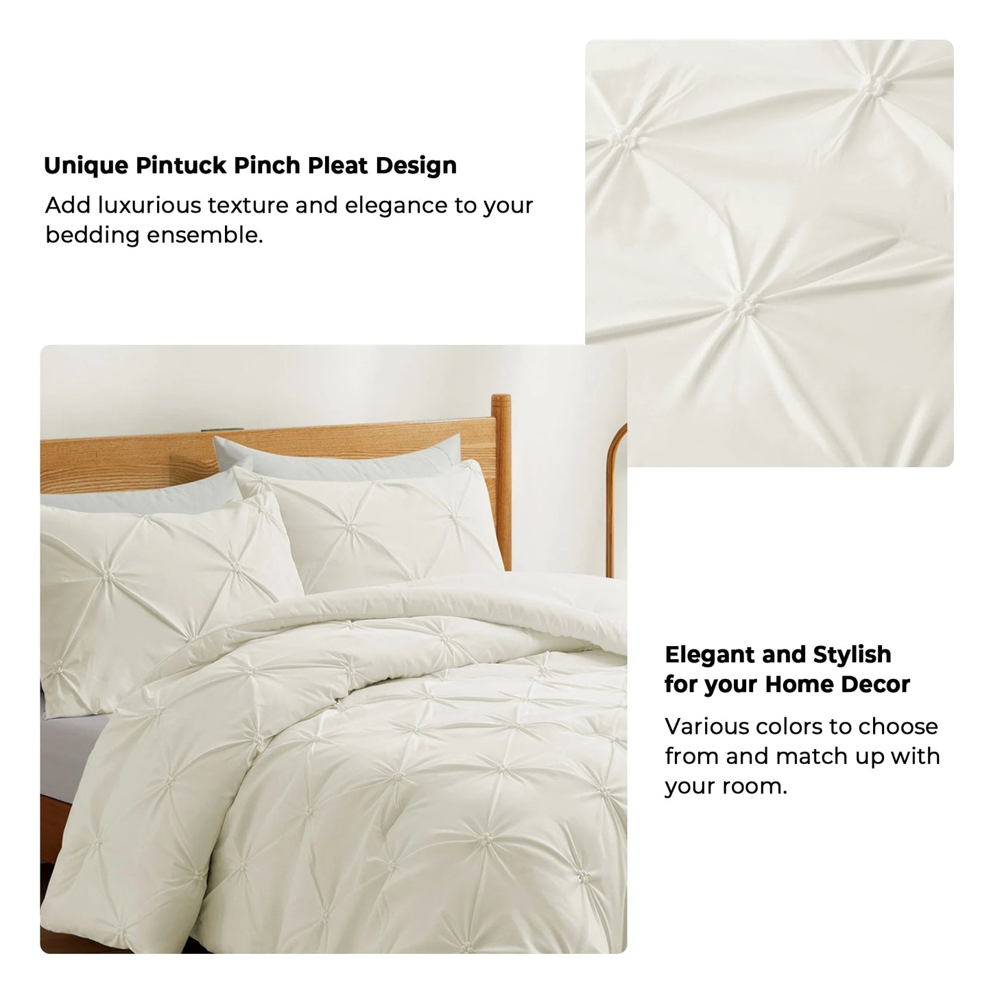 3 Piece Pintuck Pinch Pleat Comforter Set, Bedding Set for All Season, Cream