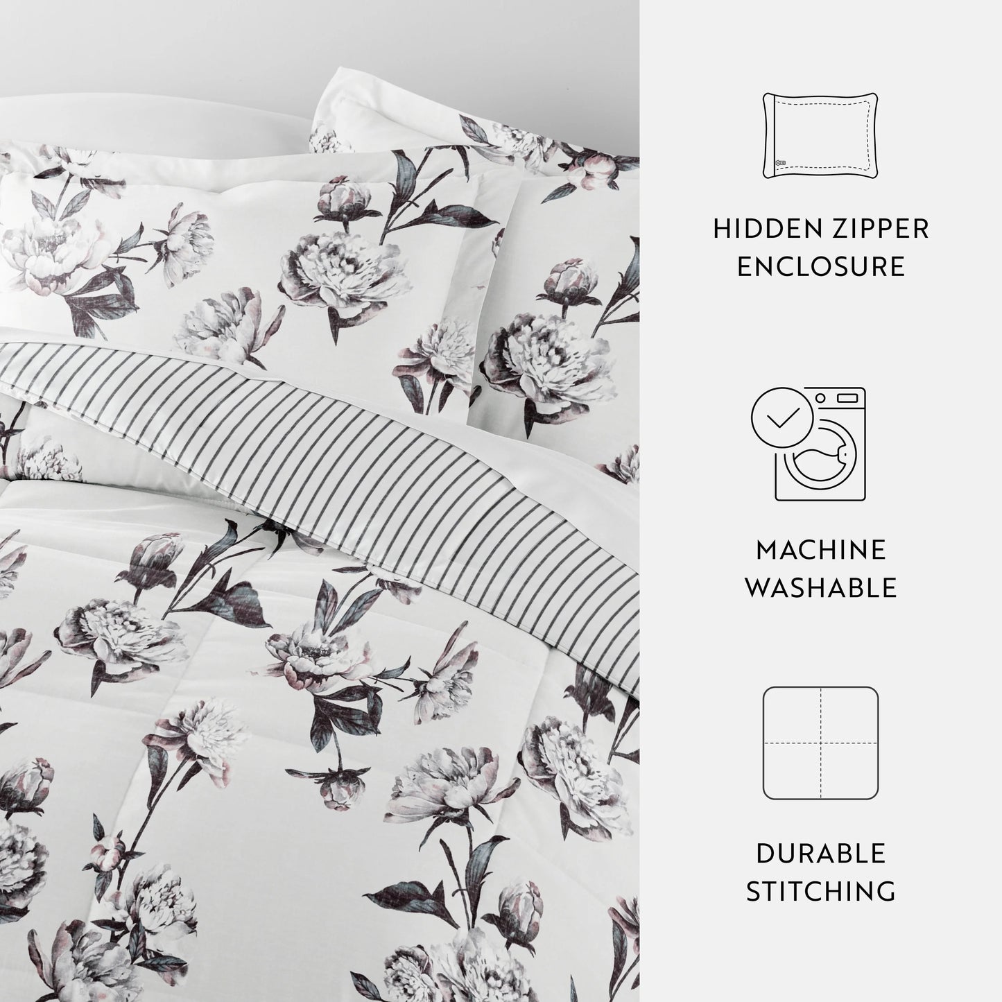 Becky Cameron Vintage Magnolia Stripe Pattern Reversible Comforter Set