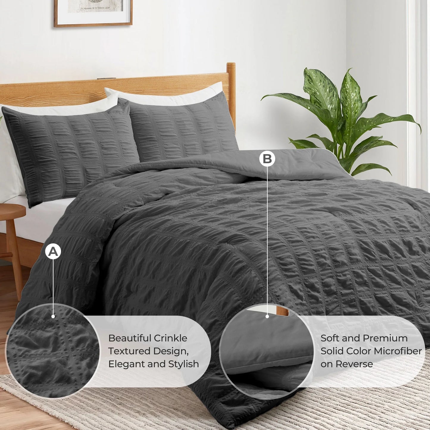 3-Piece Seersucker Bubble Ruffled Chic Textured Comforter Set, Lightweight Bedding Set