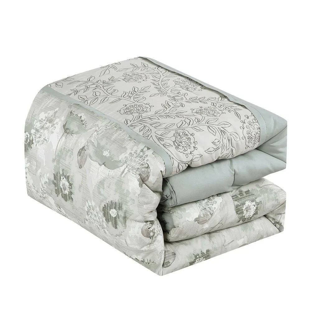 7 Piece Green Comforter Set Embroidery Soft Bedding