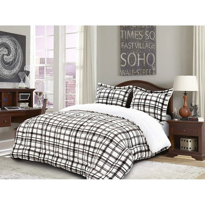 Elegant Comfort 3-Piece Plaid Pattern Sherpa-Backing Reversible Comforter Set