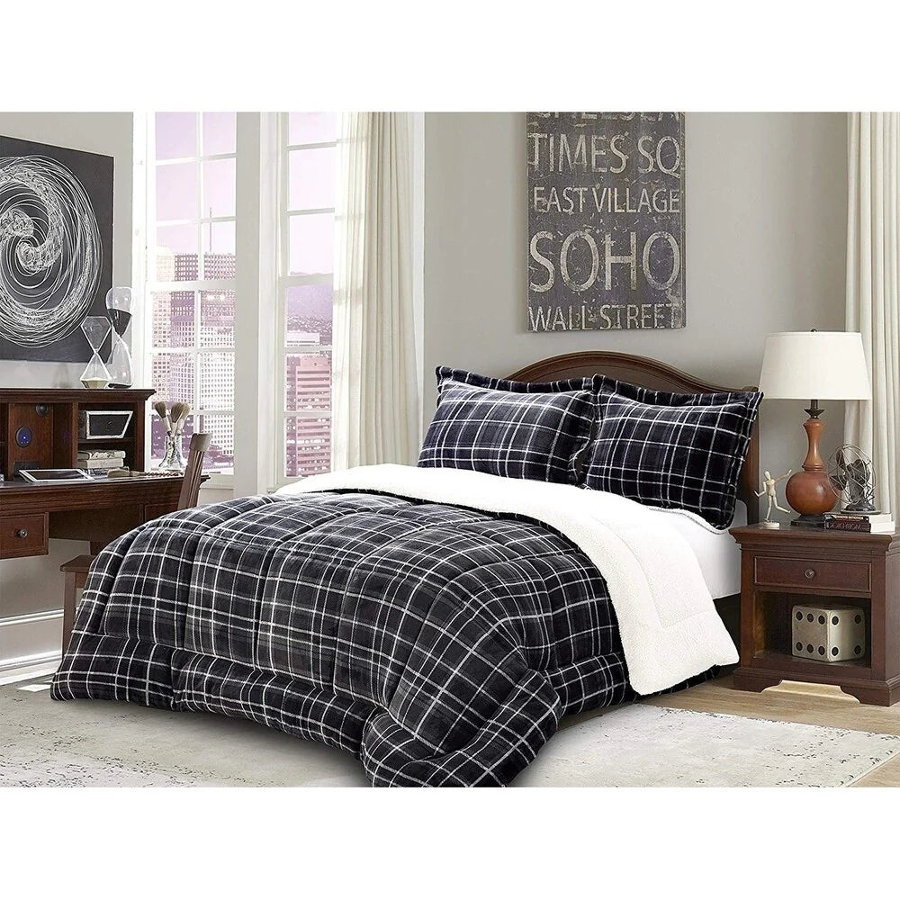 Elegant Comfort 3-Piece Plaid Pattern Sherpa-Backing Reversible Comforter Set
