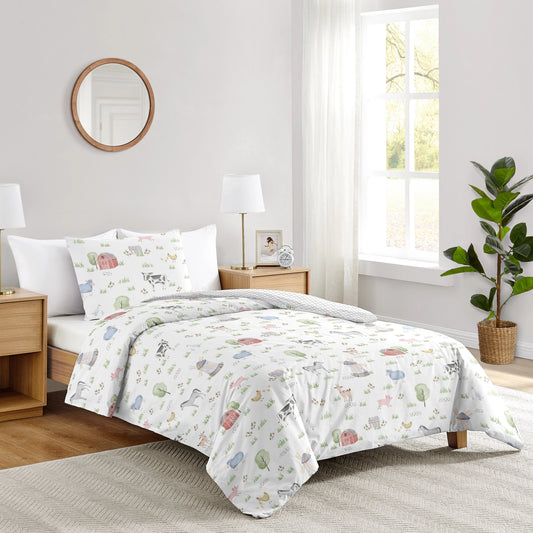 Farm Animals Collection Boy or Girl 2-piece Twin-size Comforter Set - Watercolor Farmhouse Lattice Horse Cow Sheep Pig