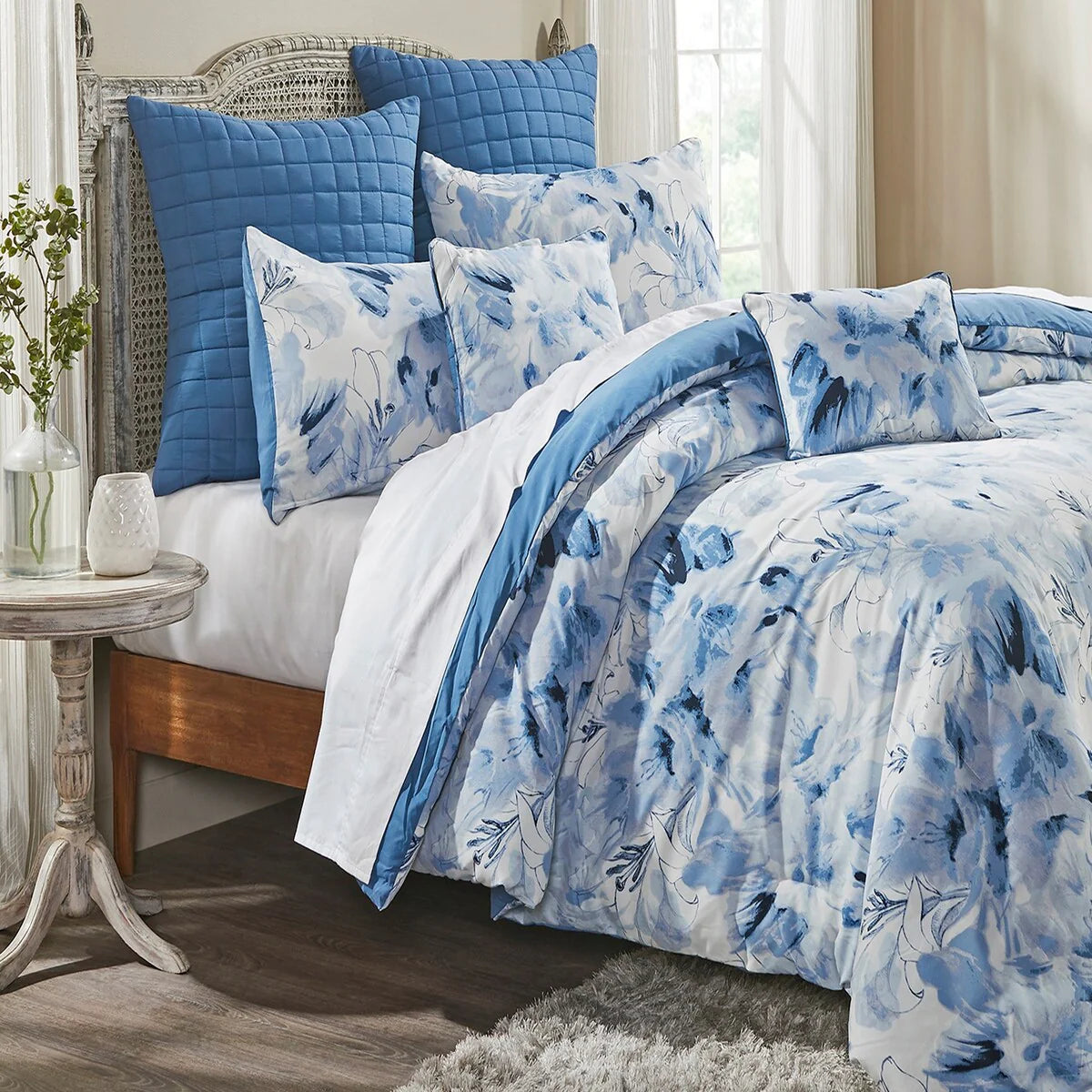 Better Trends Rosalia Collection 7-Piece Microfiber Floral Comforter Set in Blue - Soft, Durable & Machine Washable