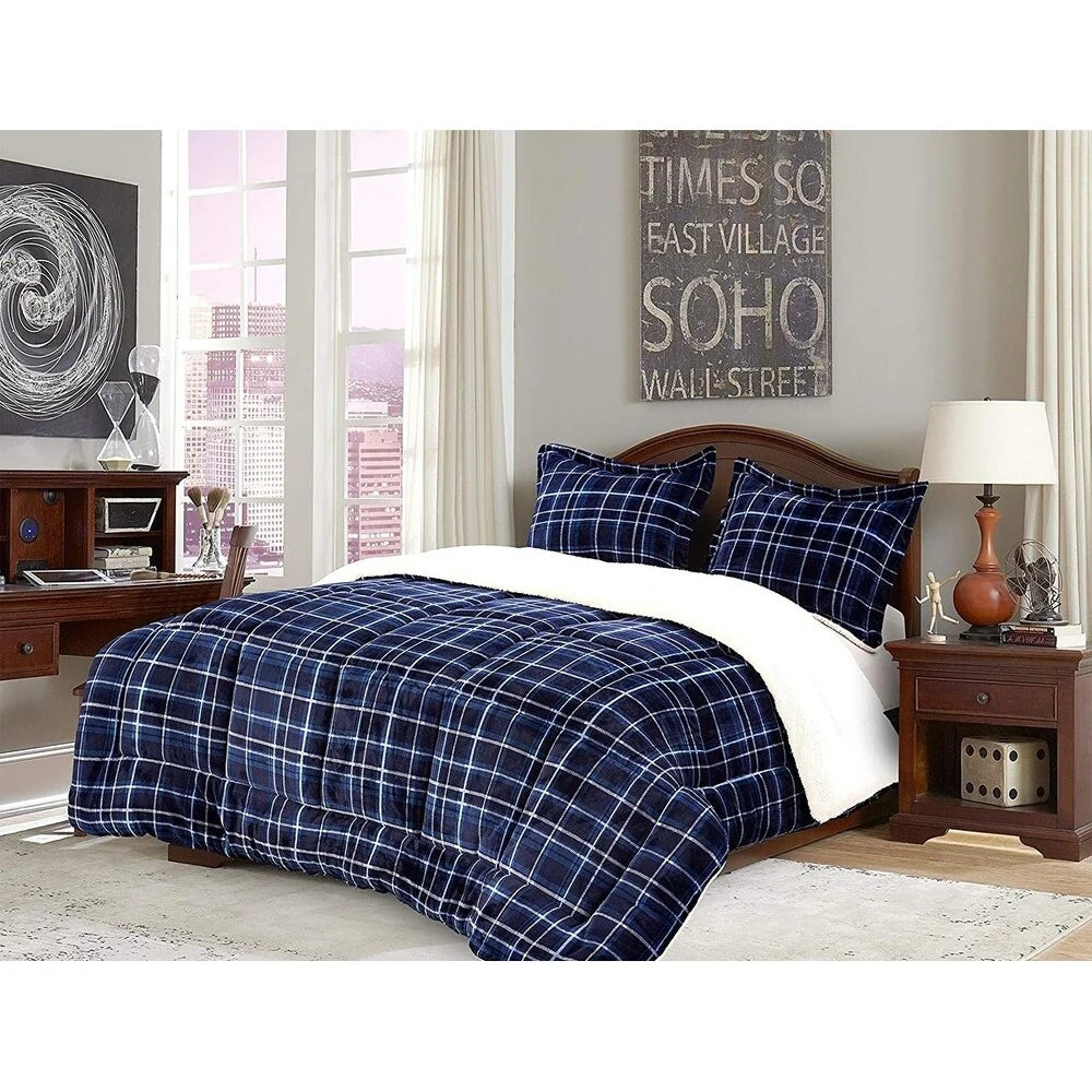 Elegant Comfort 3-Piece Plaid Pattern Sherpa-Backing Reversible Comforter Set