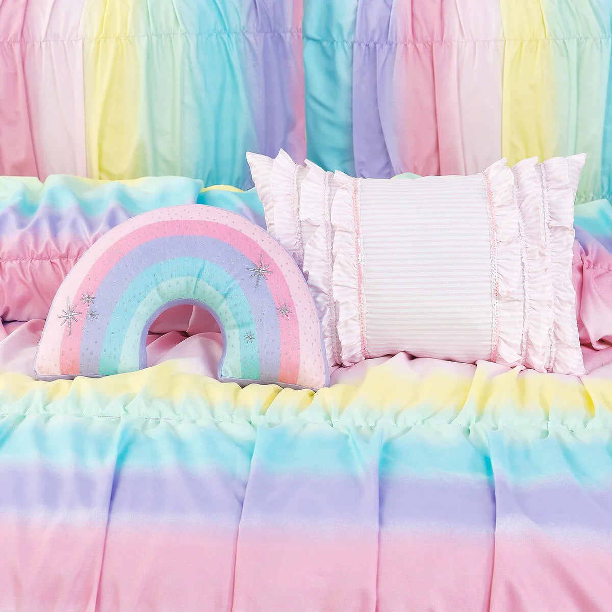 Rainbow Ruched Ultra Soft Microfiber Comforter Set with Rainbow Shaped Pillow & Ruffle Pillow