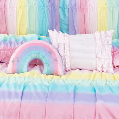 Rainbow Ruched Ultra Soft Microfiber Comforter Set with Rainbow Shaped Pillow & Ruffle Pillow