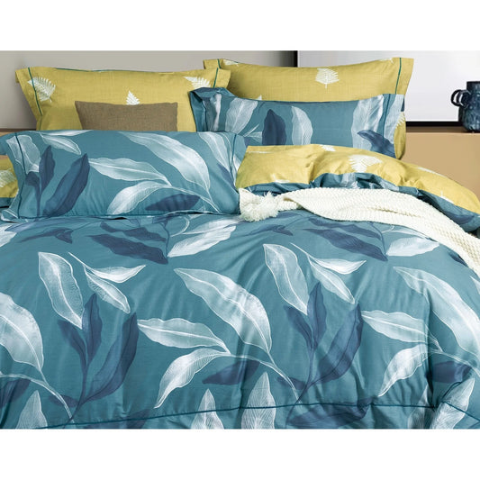 Linette Blue/White Banana Leaves 100% Cotton Reversible Comforter Set