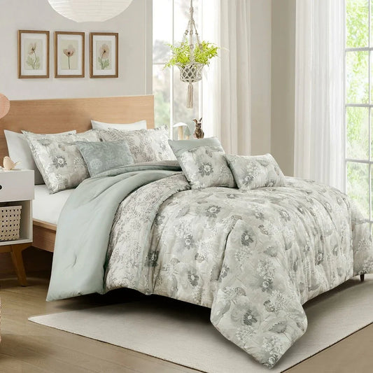 7 Piece Green Comforter Set Embroidery Soft Bedding