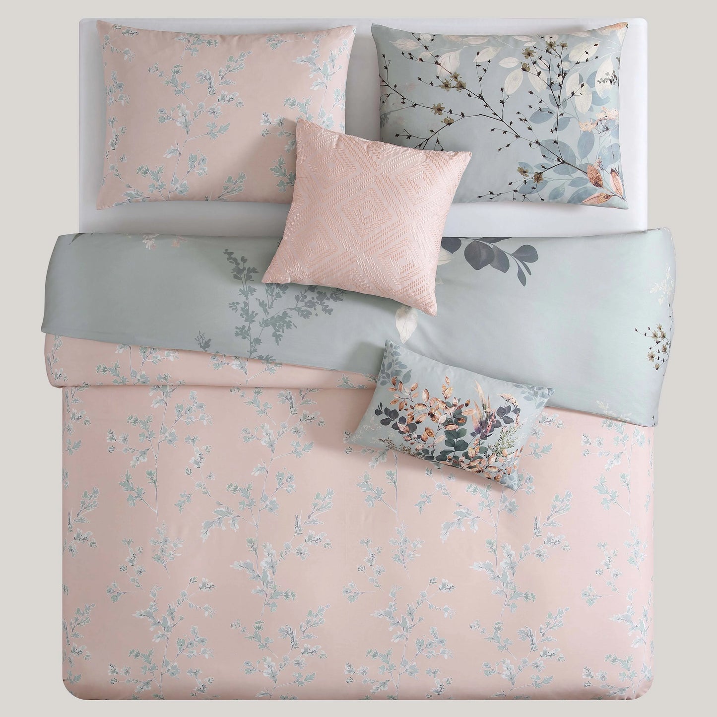 Bebejan Peach Leaves on Sage 100% Cotton 5-Piece Reversible Comforter Set