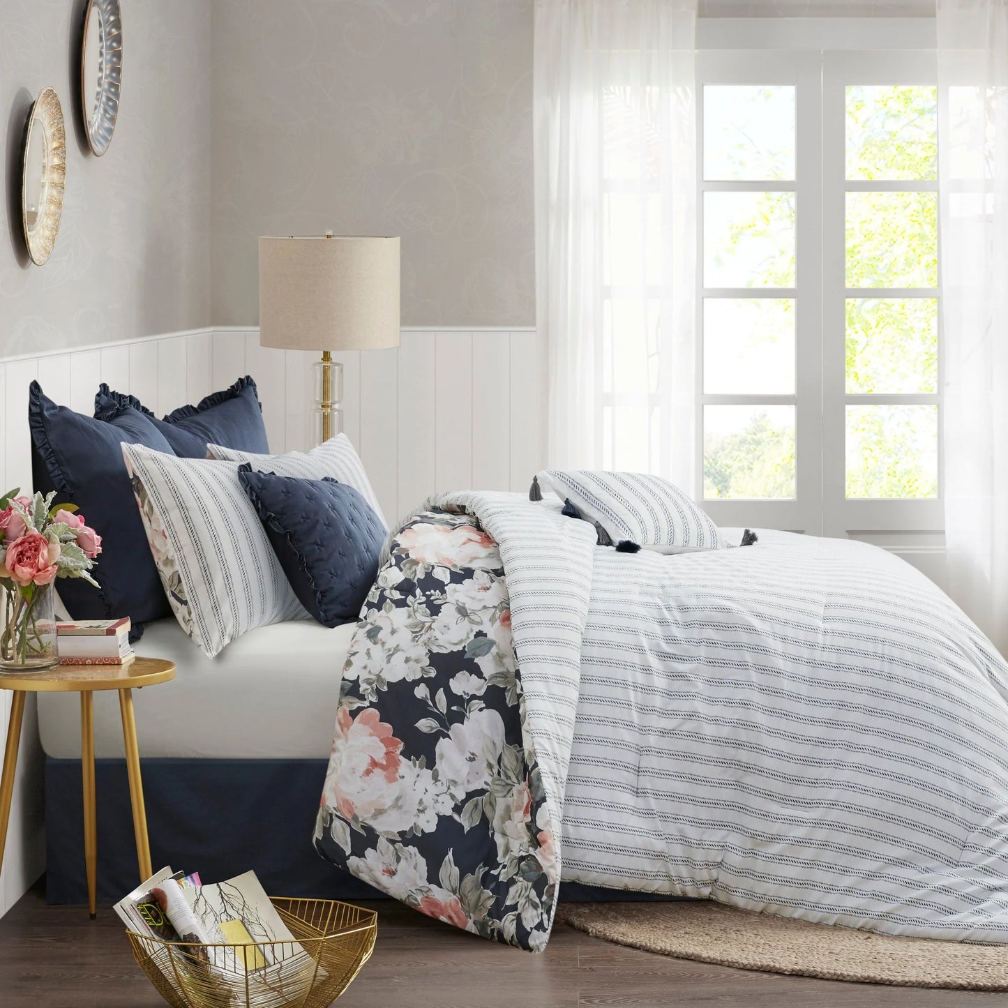 Madison Park Kalina Dark Blue 8 Piece Cotton Printed Reversible Comforter Set